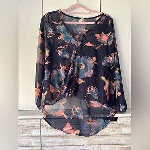 🌸 Candy Rose Sheer Floral Blouse Navy Pink Blue Boho Flowy Top S/M